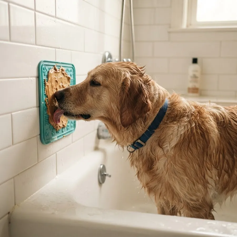 Silicone dog lick mat with suction cups in use